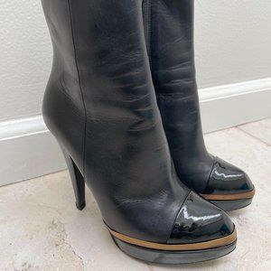 YSL Yves Saint Laurent Black Leather Ankle Gold Trim Boots Size 36 Authentic COA